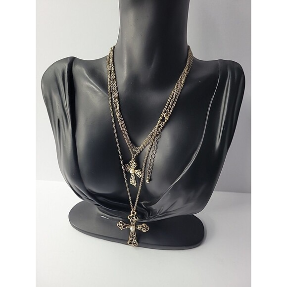 Vintage Necklace Chain Gold Tone Cross Pendant Crystal White Bead Jewelry - Picture 5 of 14